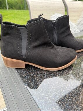 Time and Tru Black Suede Ankle Booties with Tan Heel